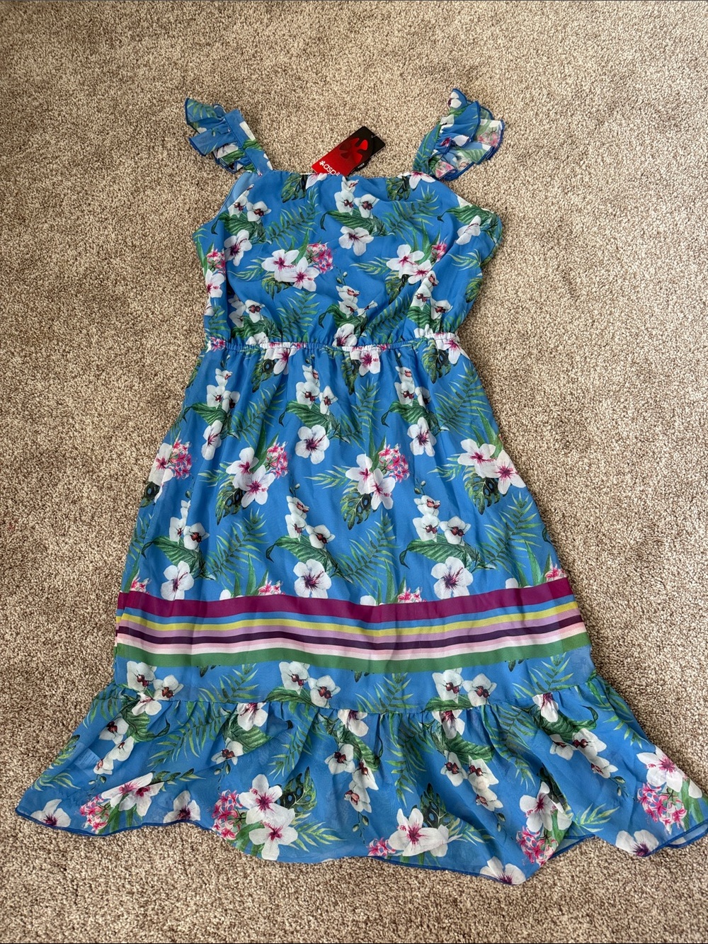 Blue Floral Midi Dress with Ruffle Hem